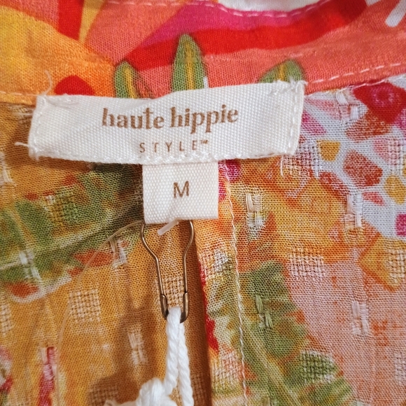 Haute Hippie Long Sleeve Tropical Orange Green Tie-Front Blouse Medium Boho - Picture 5 of 7